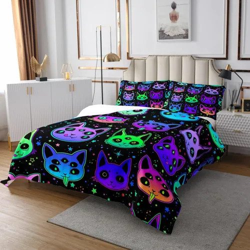 Miniatura 3 de Erosebridal Juego de ropa de cama de gatos de Halloween, lindo juego de cama espeluznante con diseño de gatito neón degradado, juego de colcha
