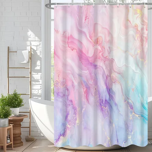 Miniatura 9 de Cortina de ducha abstracta de mármol negro gris y dorado con grietas, cortina de baño moderna ombre impresa, cortina impermeable y lavable de tela