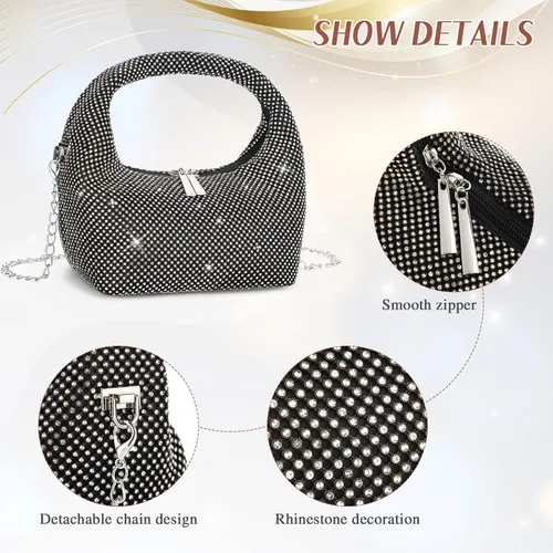 Miniatura 5 de Bolso de mano vintage de los años 20 con diamantes de imitación para mujer, bolso de noche con purpurina brillante, bolso pequeño de diamantes