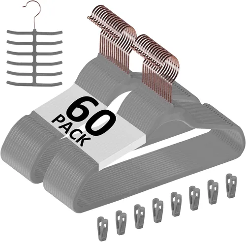 Miniatura 34 de VECELO Perchas de terciopelo de alta calidad resistentes (paquete de 60), antideslizantes y ahorran espacio con 8 clips para los dedos y soporte