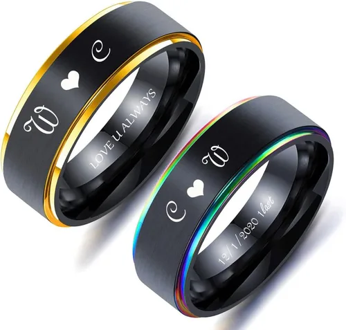 Anillos a juego personalizados para parejas, anillos de promesa de acero inoxidable para parejas, juego con 2 anillos grabados dentro y fuera de