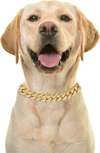 Miniatura 2 de Halukakah HOLLYWOOF - Collar de perro – Cadena de eslabones cubanos chapada en oro, lujoso auricular de diamantes y 0.551 in de grosor, tamaño 24