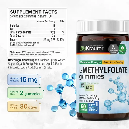 Miniatura 3 de BIO KRAUTER® Gomitas de L-metilfolato para apoyo fólico - Gomitas de ácido fólico (vitamina B9) Suplemento MTHF para la salud cerebral y el apoyo