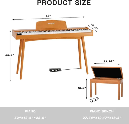 Miniatura 7 de HEXANT - Teclado piano digital con 88 teclas, teclado pesado con martillo de madera, tamaño completo, piano eléctrico con 3 pedales, conexión MIDI