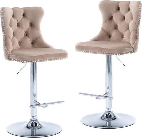 Miniatura 14 de LKTART Juego de 2 taburetes de bar giratorios con altura de asiento ajustable, taburetes de bar tapizados de terciopelo con base cromada