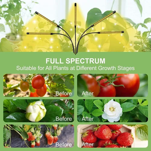 Miniatura 5 de yentbokj Lámparas LED ajustables de 5 cabezas, lámpara de cultivo de espectro completo con temporizador, luz blanca cálida para plantas