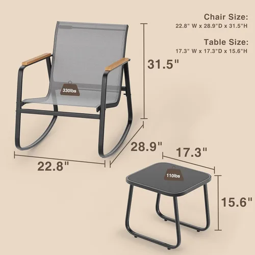 Miniatura 7 de Ahomly - Juego de 3 piezas de muebles de patio, juego de muebles de exterior de Textilene con reposabrazos de madera, mesa de café con superficie