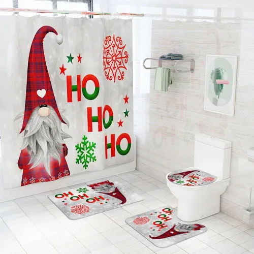Miniatura 13 de Juego de 4 cortinas de ducha con alfombra antideslizante, cubierta para tapa de inodoro y tapete de baño, cortina de ducha de Papá Noel con 12