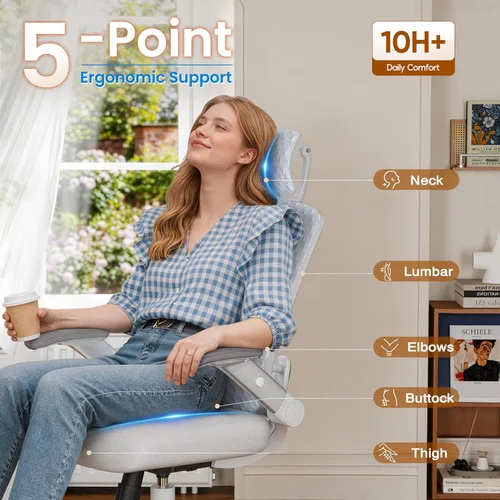 Miniatura 8 de GABRYLLY Silla de oficina ergonómica, silla de escritorio con respaldo alto con brazos abatibles, reposacabezas 3D, asiento de esponja gruesa