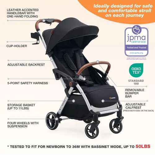 Miniatura 4 de Babideal Cochecito de viaje ligero para bebé, cochecito auto plegable con toldo grande, asiento reclinable operado con una mano, soporte para tazas