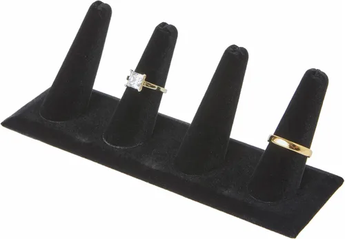 Miniatura 2 de Plymor Pantalla de dedo de anillo de terciopelo negro, cuatro en base rectangular, 6 pulgadas de ancho x 2.125 pulgadas de profundidad x 2.5