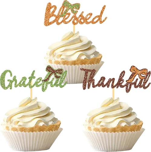24 adornos de otoño para cupcakes para decoración del día de Acción de Gracias, lazo con purpurina para pasteles Thankful Blessed Grateful para