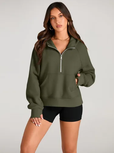 Miniatura 2 de AUTOMET Sudaderas con media cremallera, sudaderas cortas con capucha de forro polar para mujer, sudadera con cremallera de un cuarto, trajes