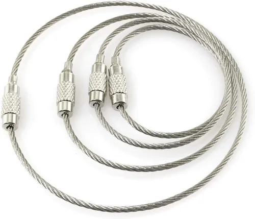 RLECS 20 llaveros de alambre de acero inoxidable de 0.069 pulgadas para cables de aviones, 4 bucles de longitud, 5 unidades de cada uno para colgar