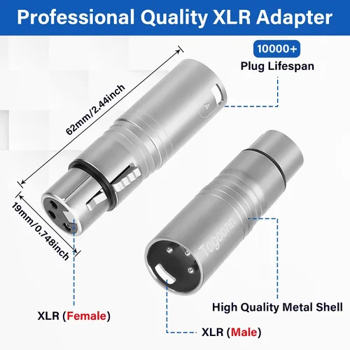 Miniatura 2 de Adaptador de micrófono XLR 2 unidades, 3 pines XLR macho a hembra, convertidor de conector de extensión de audio para altavoz, mezcladores,