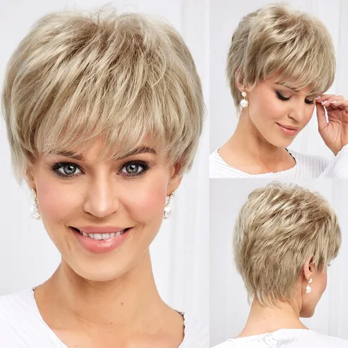 EMMOR Pelucas cortas para mujer, cabello humano simulado de fibra viscoelástica, peluca rizada con flequillo, cabello natural para uso diario (color