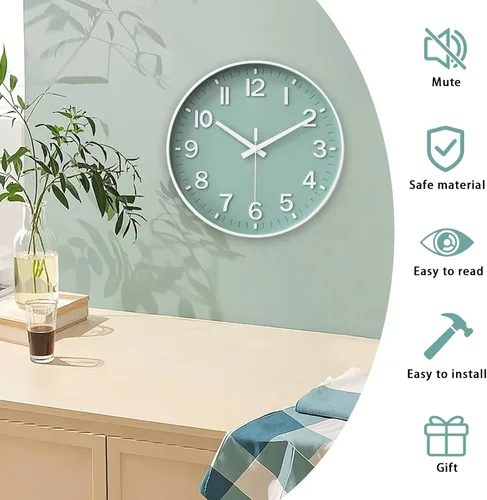 Miniatura 4 de HZDHCLH Reloj de pared con pilas, reloj de pared verde, reloj de pared de 12 pulgadas, silencioso, sin tictac, números 3D modernos para cocina