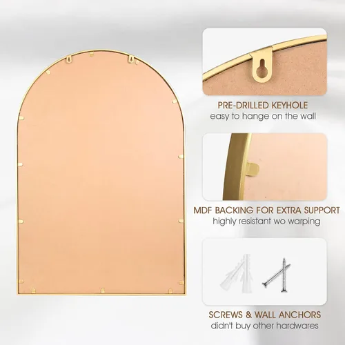 Miniatura 6 de Espejo de pared arqueado para baño, 24 x 36 pulgadas, marco de cuentas de metal, espejo decorativo, grande, moderno, rústico, envejecido, decoración