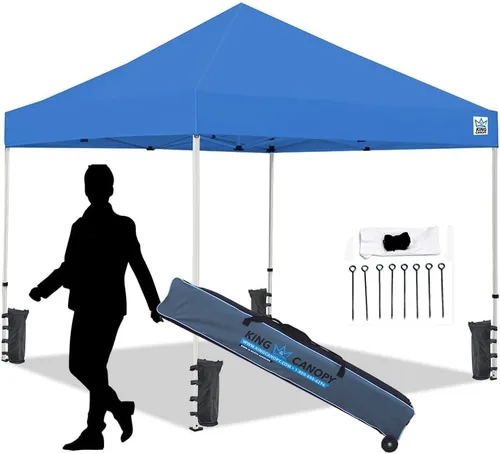 King Canopy Festival de 10 pies por 10 pies desplegable instantáneo con bolsas de peso, cuerdas y estacas, marco de acero de 1 pulgada, azul,