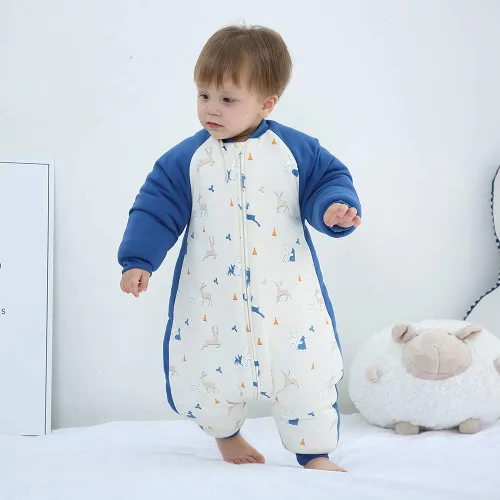 Miniatura 3 de Happy Cherry Saco de dormir de algodón grueso de invierno para bebé, manta cálida con mangas desmontables, Pingüino - Azul