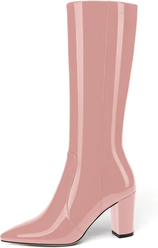 Miniatura 23 de AMBELIGHT Botas altas hasta la rodilla con cremallera y puntera puntiaguda para mujer, de patente sólida, tacón alto, 3.3 pulgadas