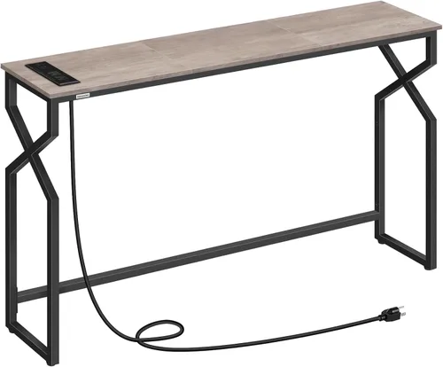 Miniatura 11 de MAHANCRIS Mesa de sofá de 44.9 pulgadas, mesa consola estrecha de 9.4 pulgadas con estación de carga, mesa de sofá detrás del sofá con Negro