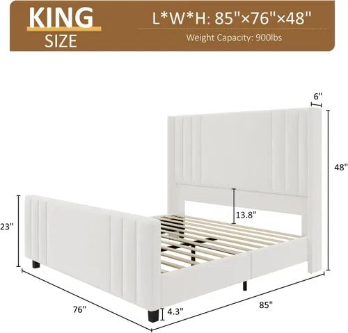 Miniatura 2 de Albott Base de cama de plataforma tamaño King, cama tapizada con cabecera y pie de cama con respaldo alado capitoné de canales verticales, Crema