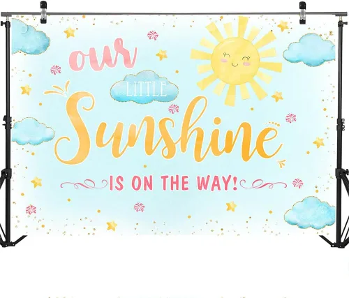 Miniatura 3 de Mocsicka Telón de fondo para baby shower, sol y nube, fondo de baby shower, con texto en inglés "Our Little Sunshine", decoración para sesión