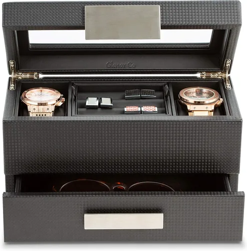 Miniatura 4 de Glenor Co Valet - Caja de reloj de joyería para hombres organizador moderno de textura de fibra de carbono con parte superior de cristal cajón