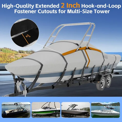 Miniatura 2 de Cubierta para Barco de Torre de Esquí y Wakeboard 900D 100% Impermeable, Resistente a Desgarros, Remolcable de Tamaño Completo para Barcos con Gris