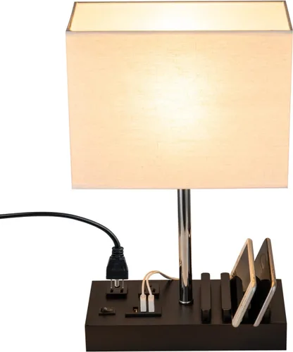 Miniatura 11 de Briever Lámpara de mesa USB, lámpara multifuncional de mesita de noche con 2 salidas de CA, 3 puertos de carga USB y organizador de soporte