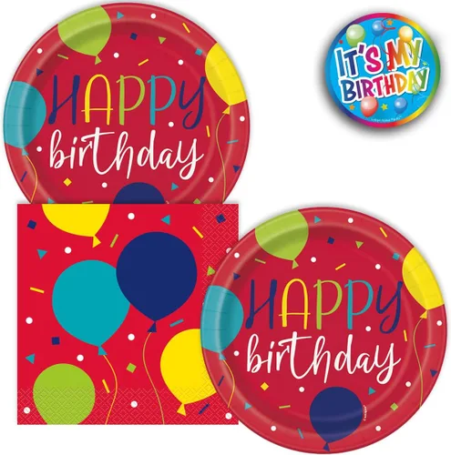 Miniatura 8 de Juego de 32 platos y servilletas de cumpleaños con diseño de globo Let's Party - Platos de postre de 7 pulgadas y servilletas de 6.5 pulgadas