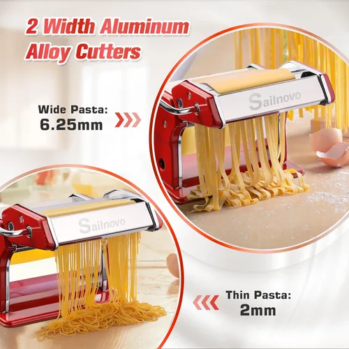 Miniatura 4 de Sailnovo Máquina para hacer pasta, máquina para hacer pasta Roller 180, 9 ajustes de grosor ajustables, máquina de fideos 2 en 1 con rodillos