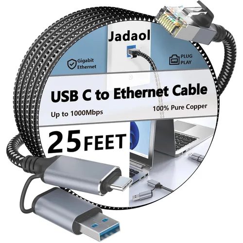Miniatura 12 de Jadaol Cable USB-C/USB-A a Ethernet de 3 pies, adaptador USB-A integrado, LAN Gigabit RJ45 de hasta 1 Gbps, Plug & Play para la mayoría