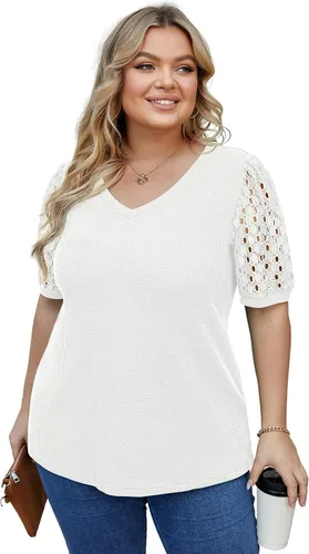 Miniatura 2 de OLRIK Plus Size Tops for Women Summer Blouse Waffle Knit Short Lace Sleeve Shirts