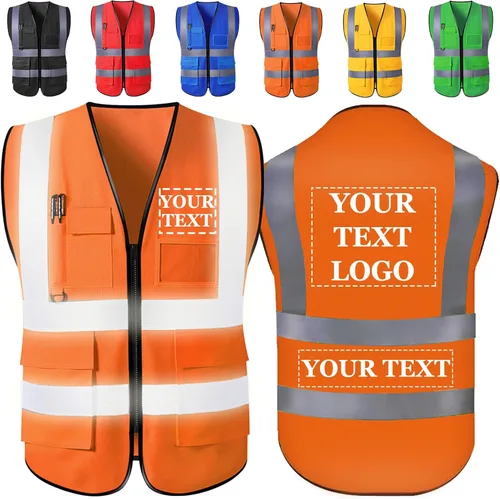 Chaleco de seguridad personalizado con logotipo, texto, nombre, alta visibilidad, bolsillos y cremallera, a granel para mujeres y hombres Naranja