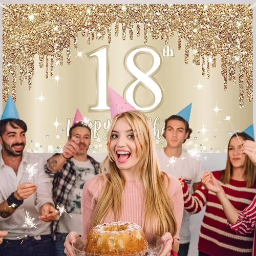 Miniatura 5 de Cartel de feliz cumpleaños 15 para niñas, decoración de fondo de cumpleaños dorado y blanco con texto en inglés "Sweet 15", póster de fondo