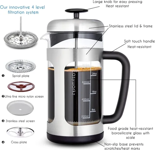 Miniatura 3 de Easyworkz Prensa francesa de acero inoxidable 34 oz Cafetera Tetera con mango de agarre suave Plateado