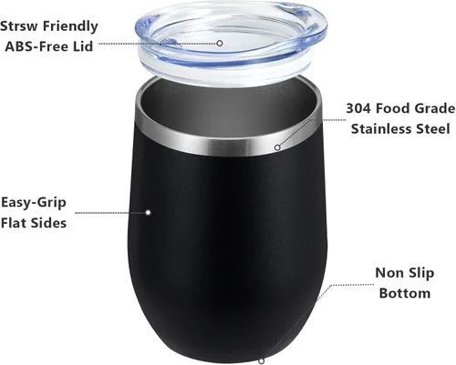 Miniatura 7 de MEWAY Vaso de vino sin tallo de 12 onzas con tapa, vaso de viaje de acero inoxidable con aislamiento de doble pared al vacío con popote, para Negro