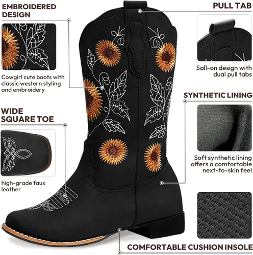 Miniatura 3 de Botas vaqueras bordadas con girasol para mujer, botas vaqueras con punta cuadrada, botas altas de vaquera para todas las estaciones y ocasiones