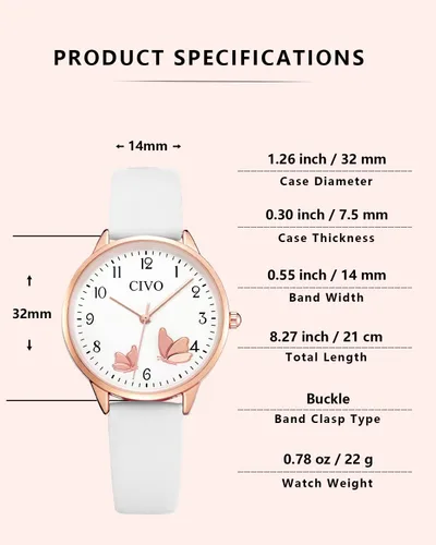 Miniatura 6 de CIVO Reloj de pulsera para mujer, correa de cuero, analógico, de cuarzo, impermeable, de moda, simple, fácil de leer, con exquisito dial de mariposa