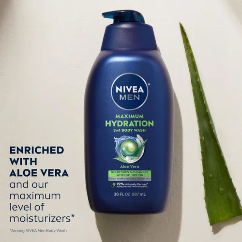 Miniatura 4 de Nivea Men Gel de baño de máxima hidratación para piel seca, enriquecido con aloe vera, gel de baño hidratante 3 en 1, cara y cabello, sin parabenos