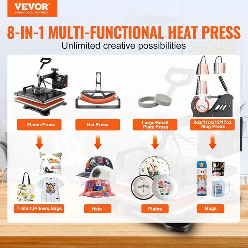 Miniatura 2 de VEVOR Máquina de prensa de calor 8 en 1, máquina de prensa de camisetas oscilante de 360° para impresión de sombreros, tazas, camisetas, gorras