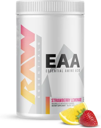 RAW EAA Aminoácidos en polvo, limonada de fresa (25 porciones) – Aminoenergía en polvo preentrenamiento para fuerza, resistencia, recuperación y
