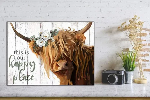 Miniatura 3 de Arte de pared de vaca de las montañas – This Is Our Happy Place - Póster de lienzo inspirador para el hogar, vaca escocesa de pelo largo con imagen