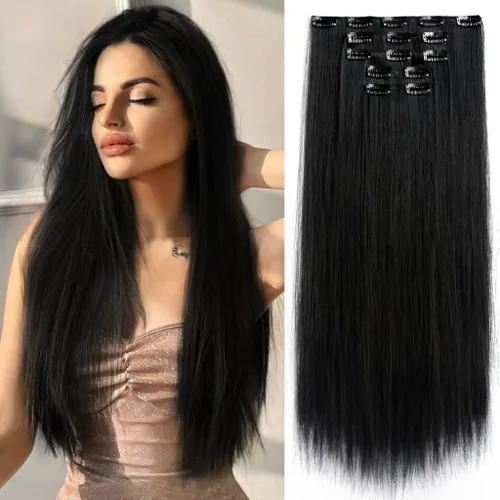 Miniatura 31 de Extensiones de cabello sintético con clip, color burdeos de 18 pulgadas de largo, invisibles, gruesas, extensiones de cabello lacio con clips, 5