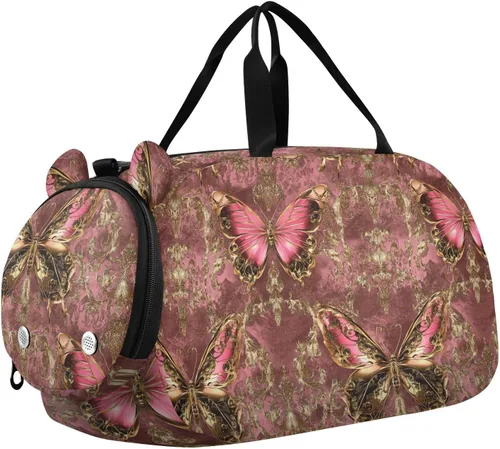 Peach Gold Vintage Butterfly Gym Duffel Bag with Shoes Compartment Lightweight Kids Overnight Bag for Beach Swim Pool Sports bolso para gym mujer