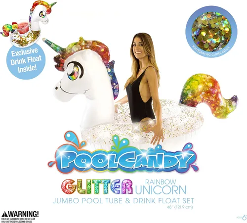 Miniatura 9 de PoolCandy Paquete inflable de fiesta de animales con purpurina – Combo de un hermoso animal con purpurina más un flotador de bebida animal