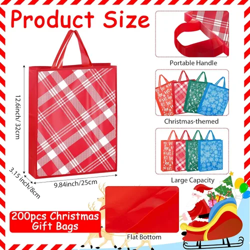 Miniatura 2 de Cholemy Paquete de 200 bolsas de regalo de Navidad a granel, bolsas de regalo de mercancía navideña con asas, bolsas de compras reutilizables