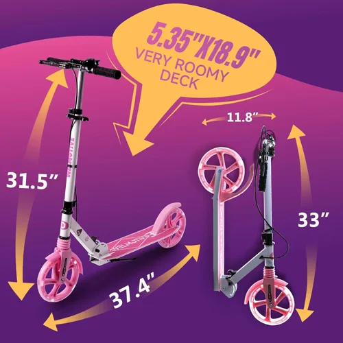 Miniatura 5 de Patinete para niños de 8+ años, adolescentes y adultos, con freno de mano delantero y freno trasero, y manillar ajustable, ruedas grandes y Blanco